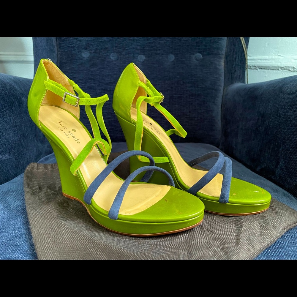Kate Spade Green & Blue Suede/Patent Wedges Sz 10